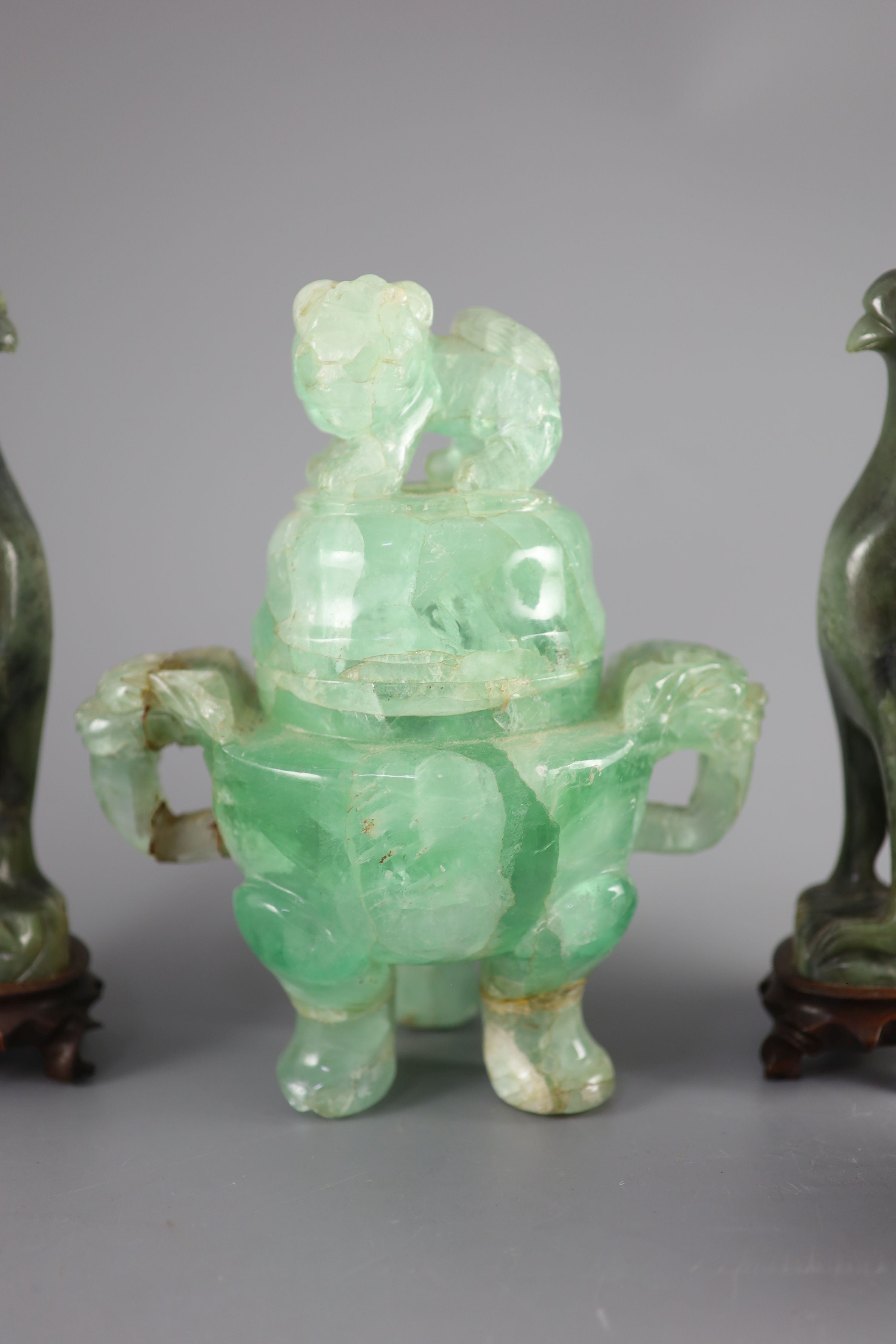 A large Chinese green quartz tripod censer, a Chinese green jade tripod censer, incomplete,